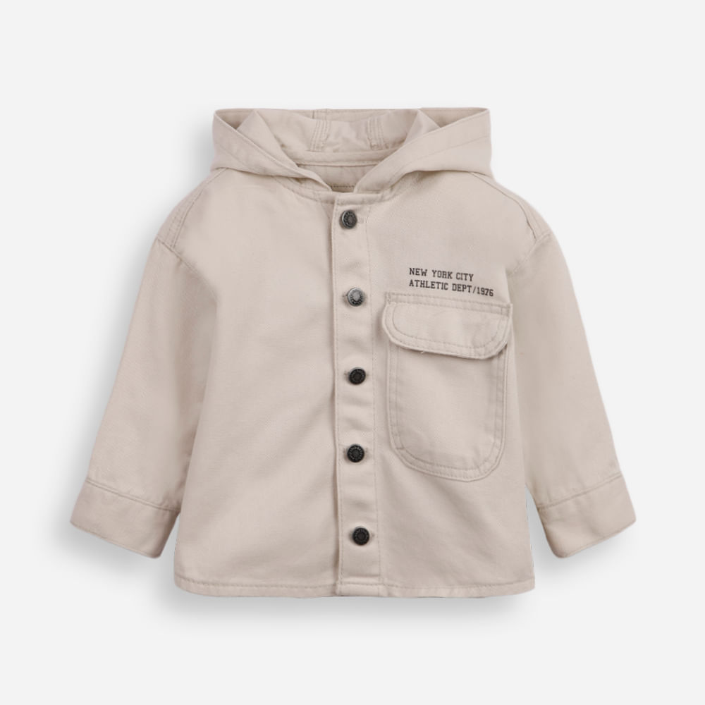 Camisa infantil de sarja com capuz e bolso bege Camisa infantil de sarja com capuz e bolso bege