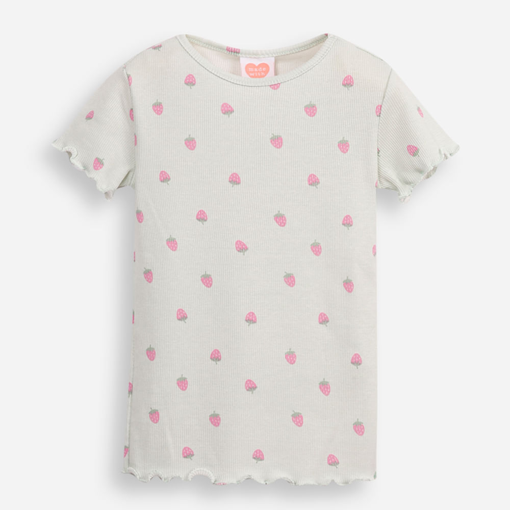 Blusa de algodão infantil moranguinho canelado verde Blusa de algodão infantil moranguinho canelado verde