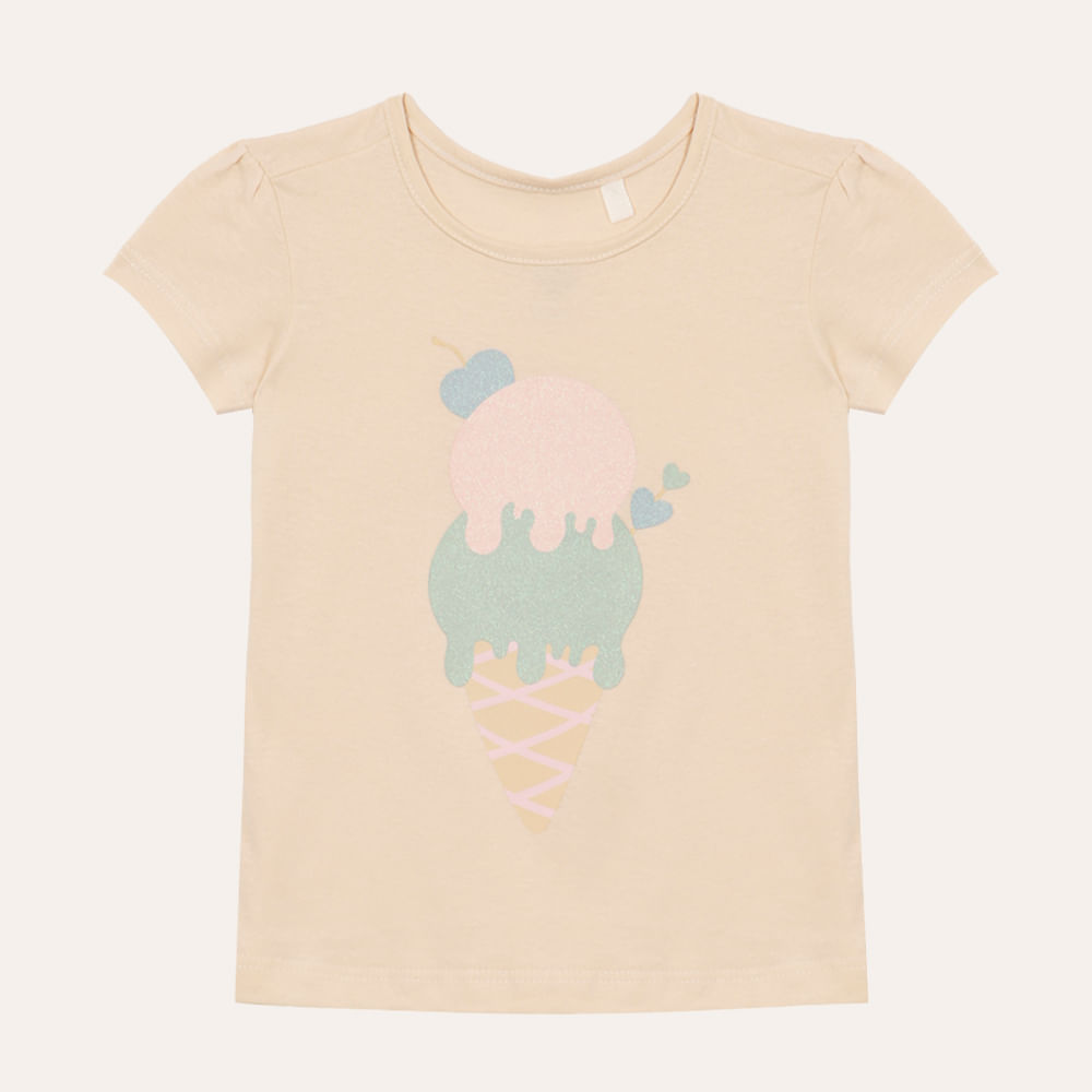 Camiseta de algodão infantil sorvete com brilho bege Camiseta de algodão infantil sorvete com brilho bege