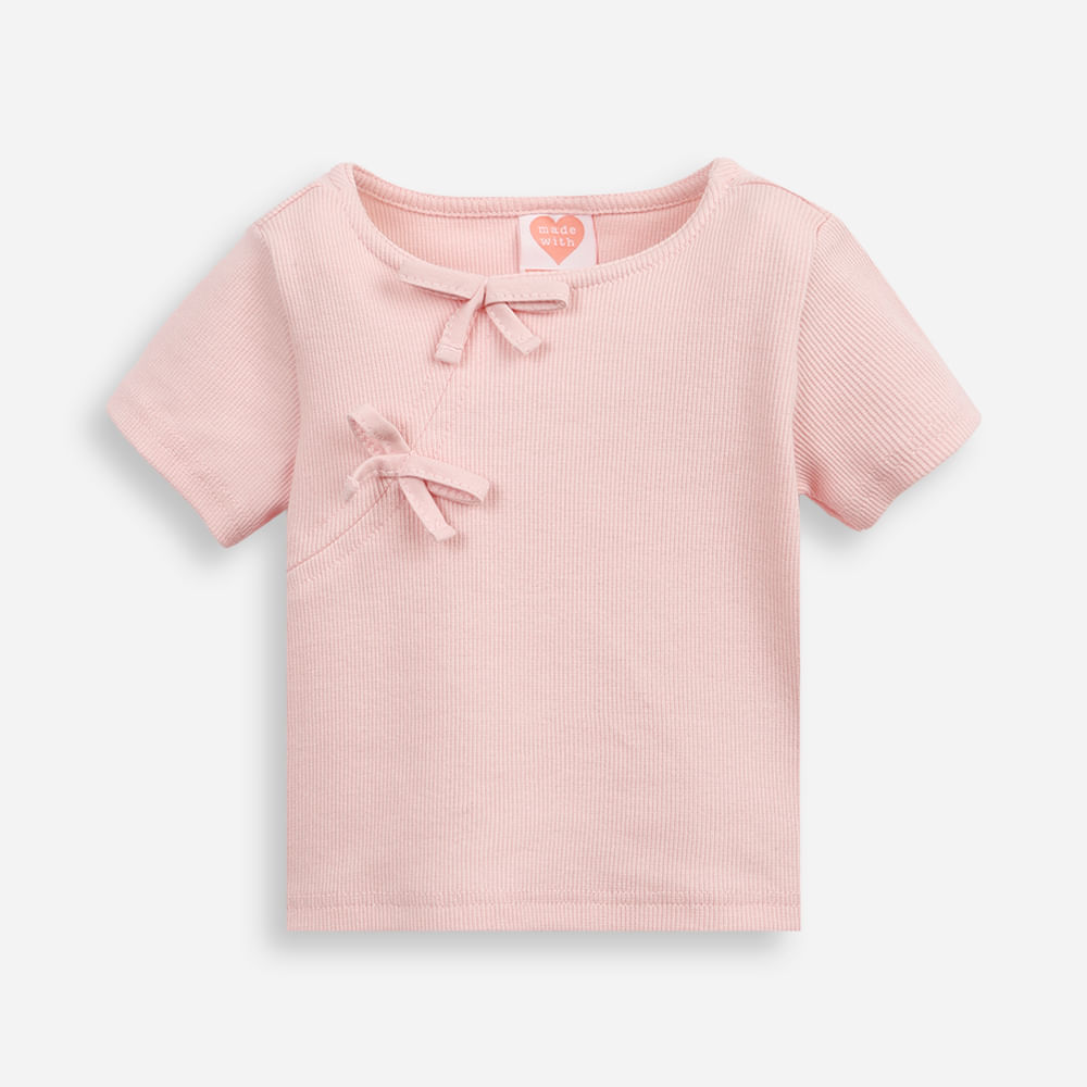 Blusa de algodão infantil com lacinho canelada rosa Blusa de algodão infantil com lacinho canelada rosa