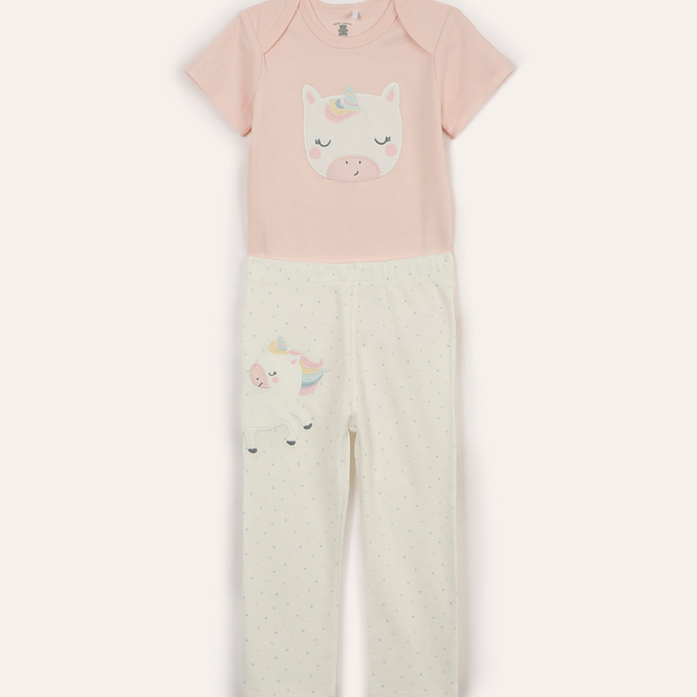 Conjunto longo infantil de algodão unicórnio rosa