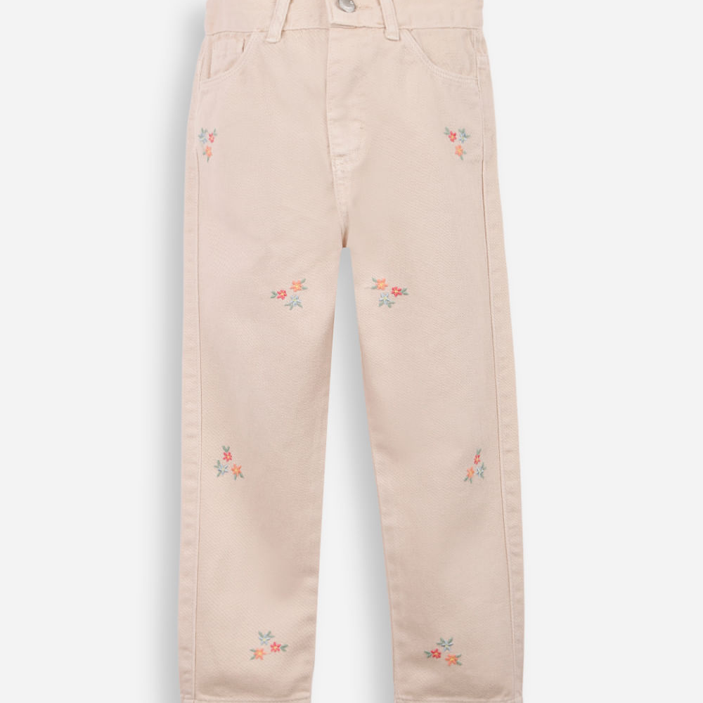 Calça reta infantil de sarja floral bege Calça reta infantil de sarja floral bege