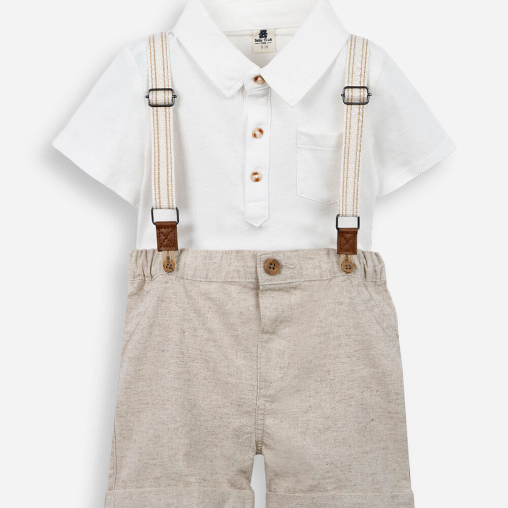 Conjunto infantil suspensório linho bege Conjunto infantil suspensório linho bege