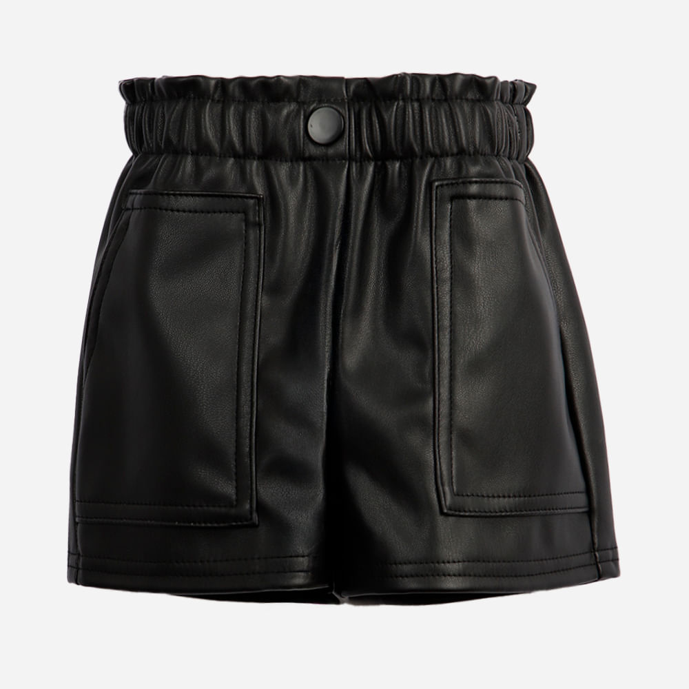 Short mom infantil de poliuretano com bolsos preto Short mom infantil de poliuretano com bolsos preto