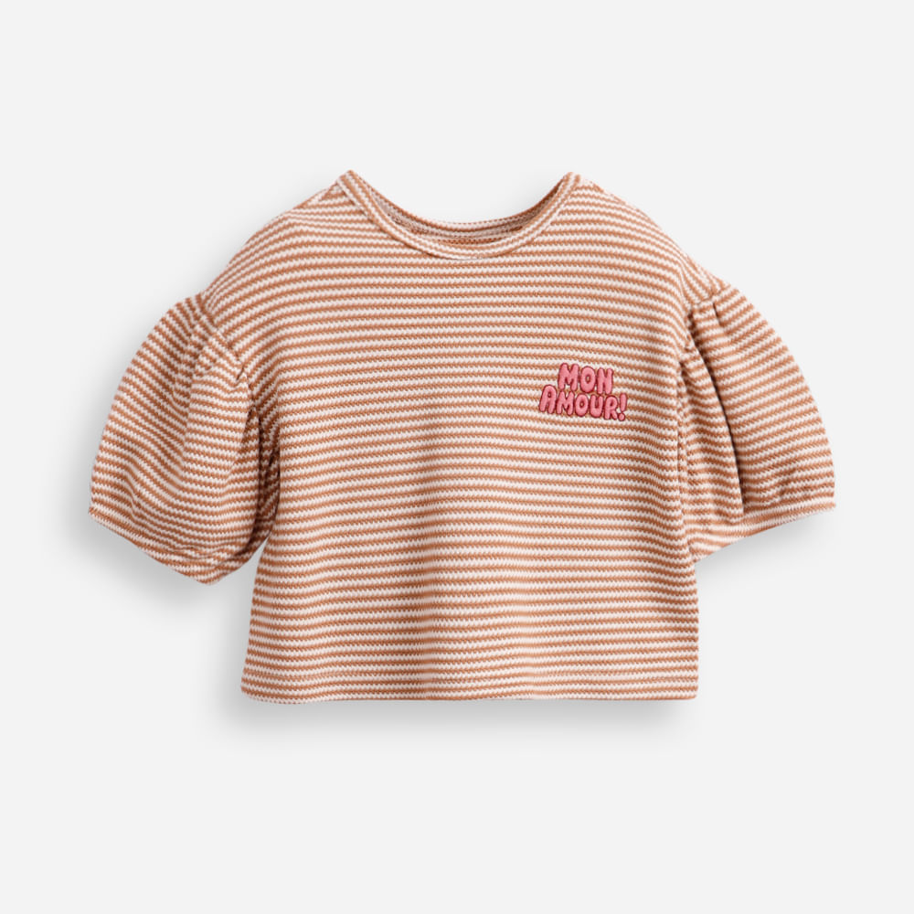 Blusa de viscose infantil manga bufante listrada mon amour bege Blusa de viscose infantil manga bufante listrada mon amour bege