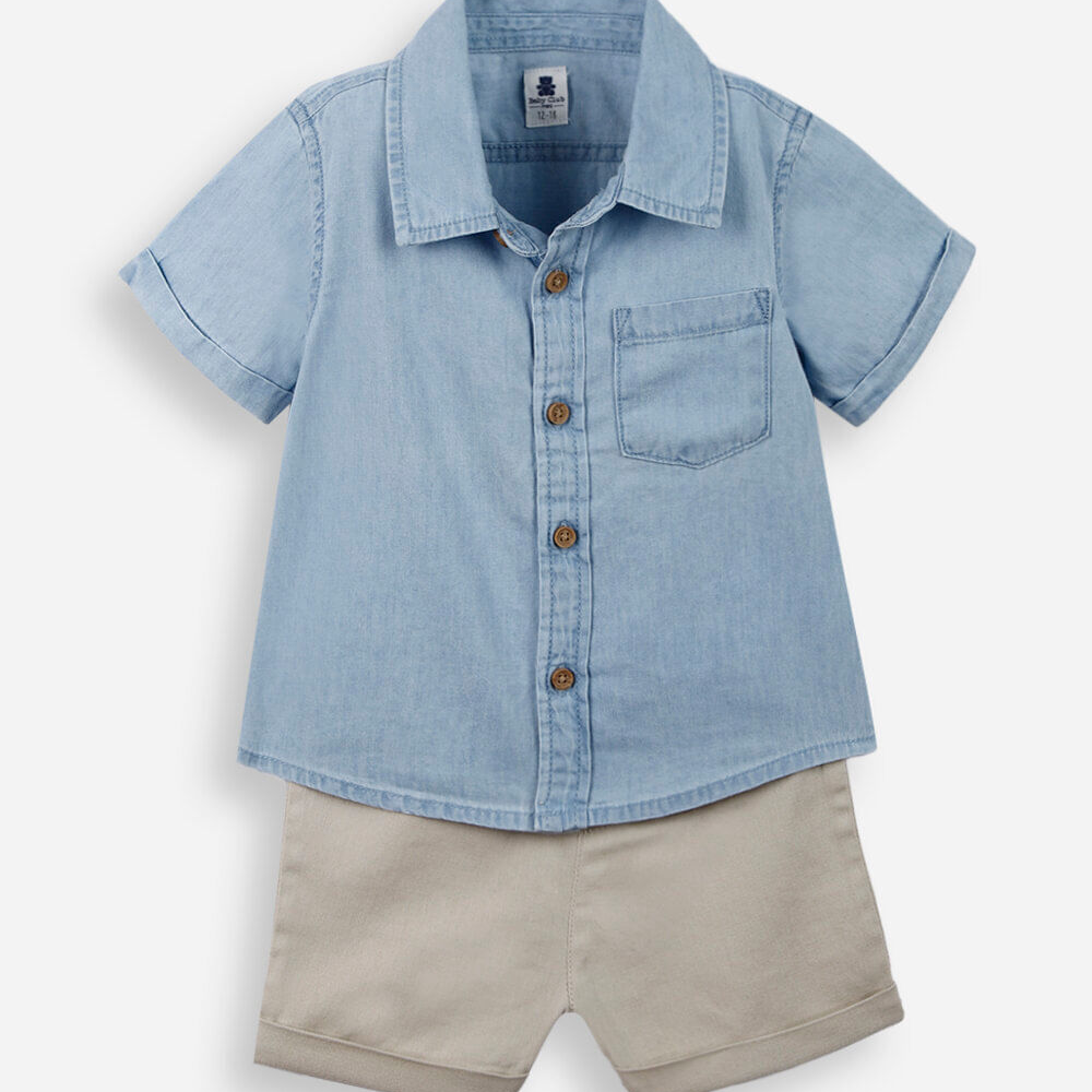 Conjunto baby camisa e bermuda sarja azul Conjunto baby camisa e bermuda sarja azul