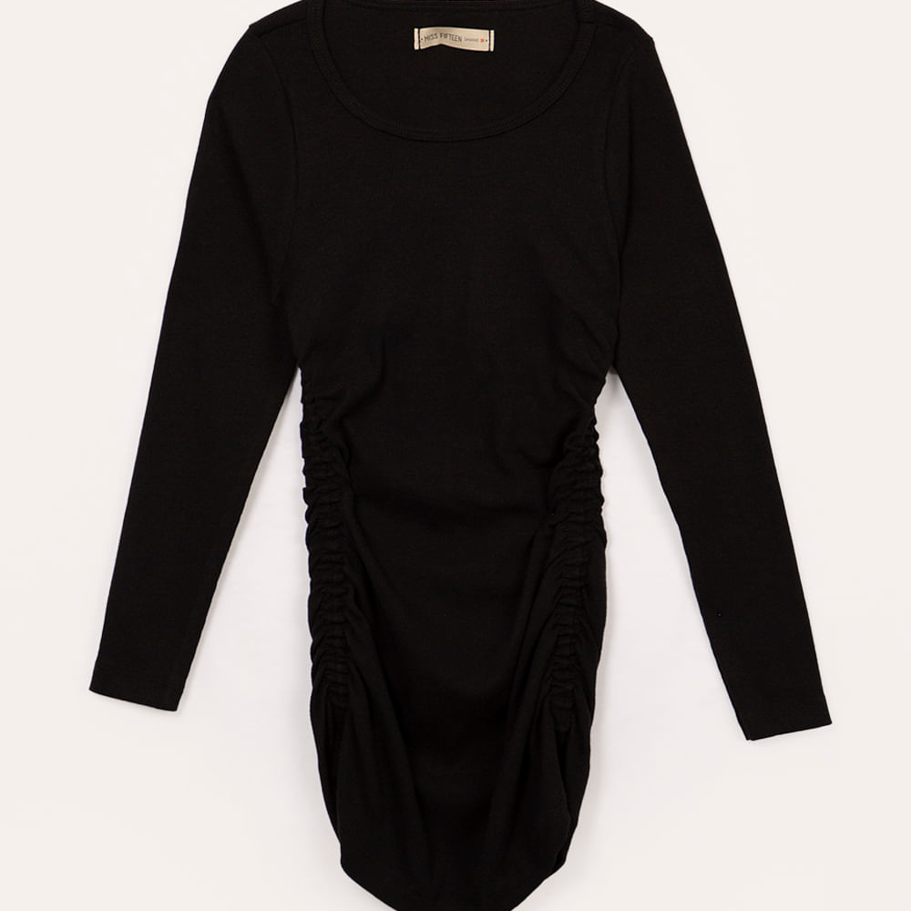 Vestido juvenil de algodão canelado com franzido preto Vestido juvenil de algodão canelado com franzido preto