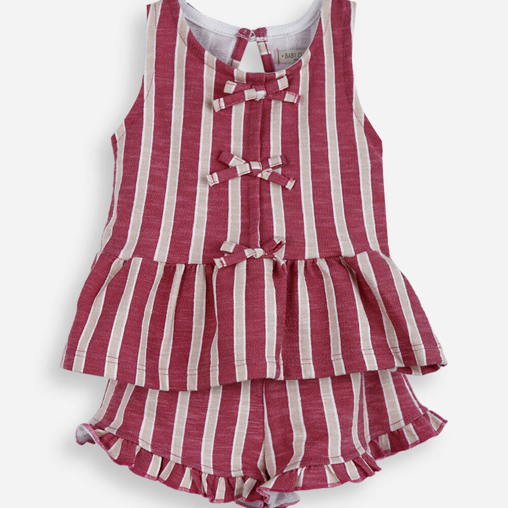 Conjunto infantil de algodão com laços listrado rosa Conjunto infantil de algodão com laços listrado rosa