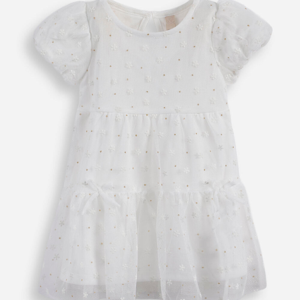 Vestido infantil de tule com recortes e brilhos floral off white Vestido infantil de tule com recortes e brilhos floral off white