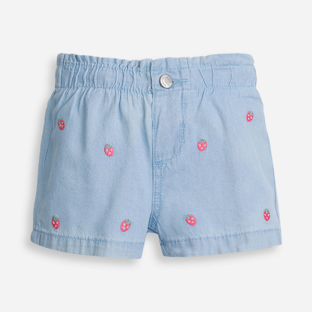 Shorts infantil jeans bordado moranguinho azul Shorts infantil jeans bordado moranguinho azul