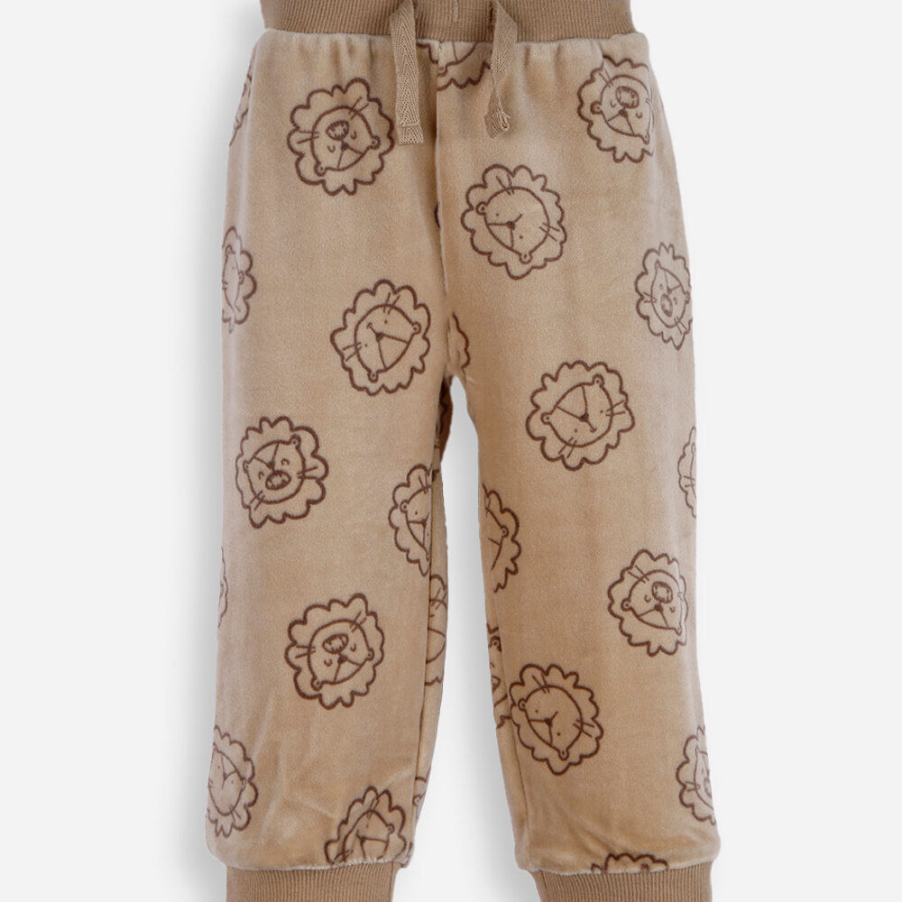 Calça infantil de plush leão bege Calça infantil de plush leão bege