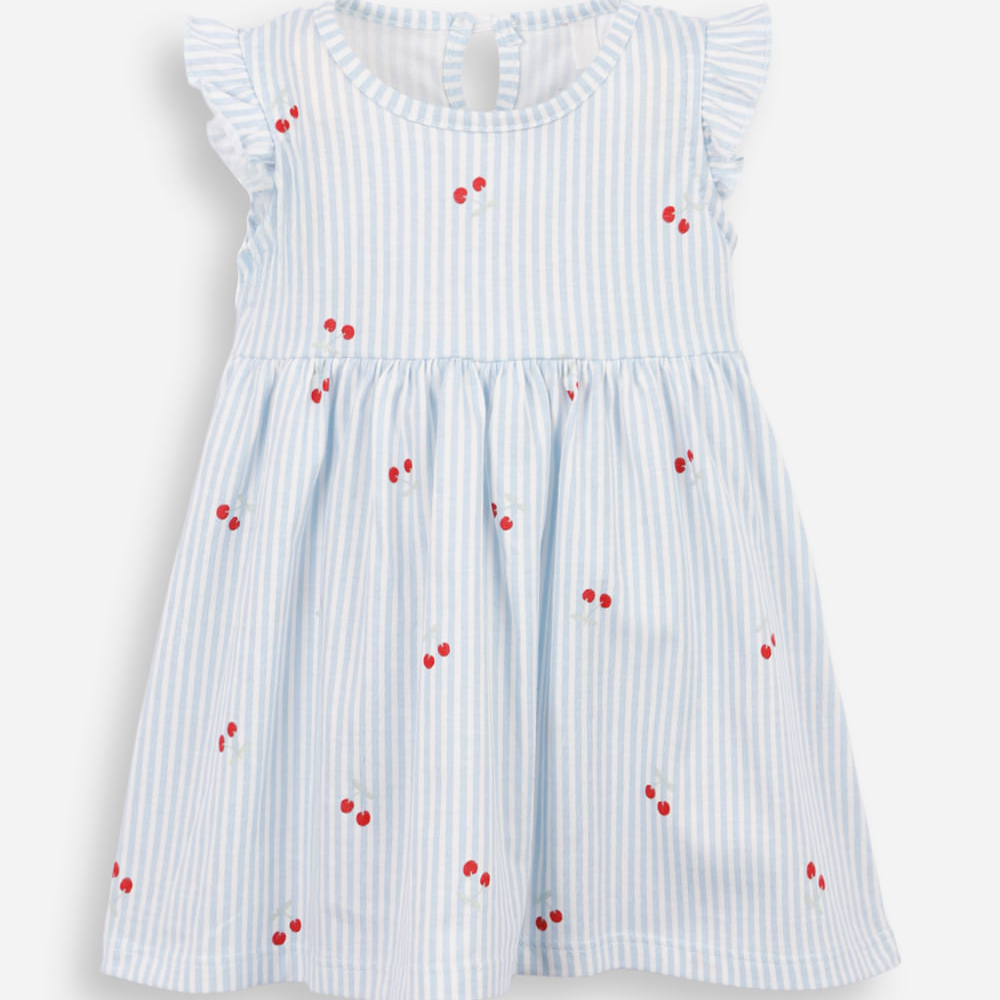 Vestido infantil de algodão manga curta listrado azul Vestido infantil de algodão manga curta listrado azul