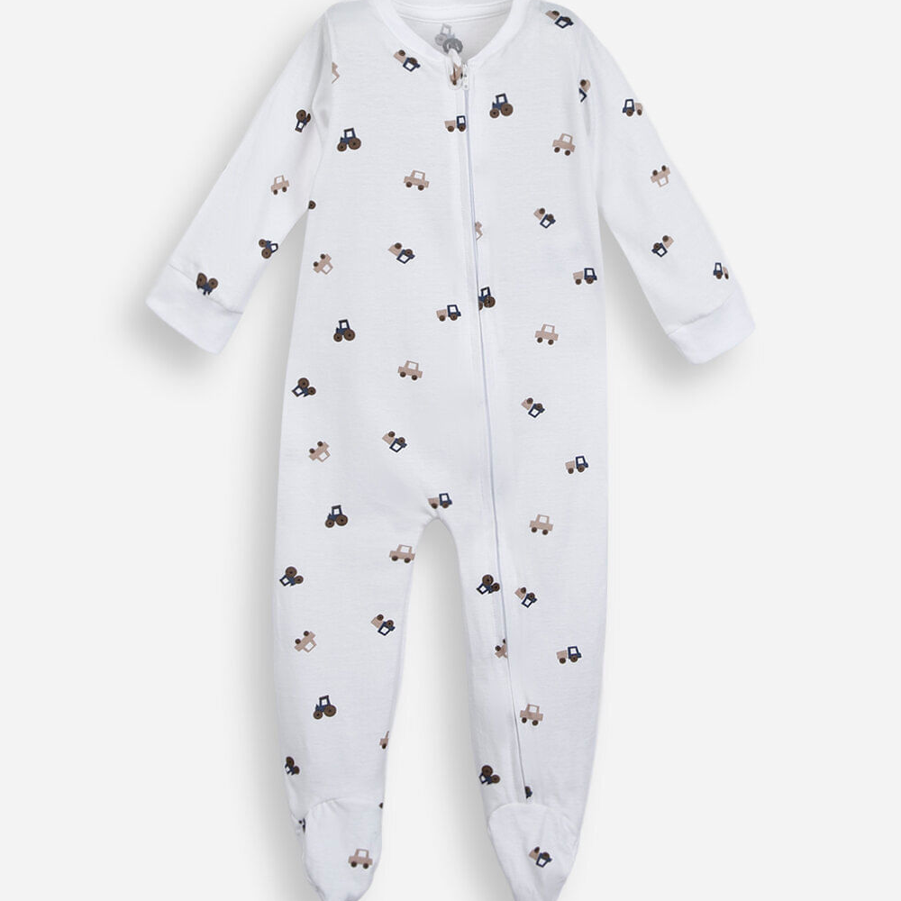 Macacão infantil com pé carrinhos off white Macacão infantil com pé carrinhos off white