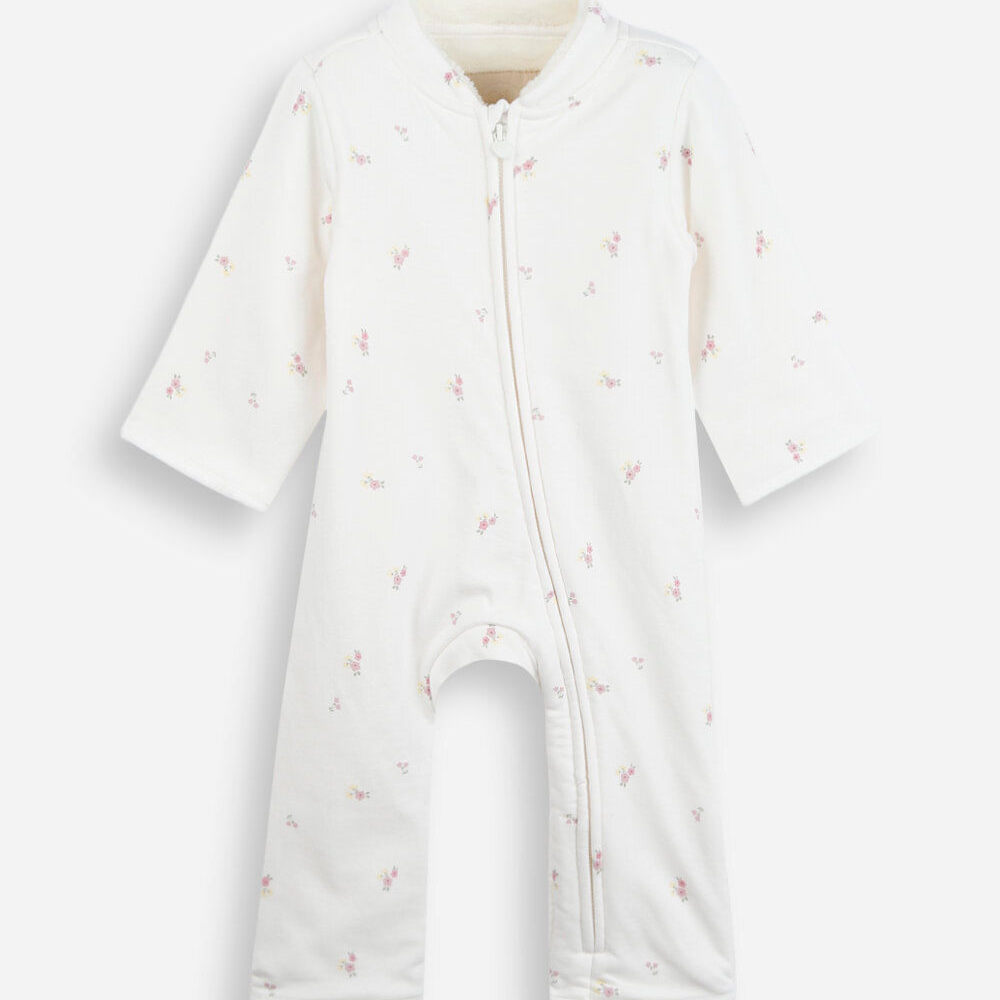 Macacão infantil manga longa floral off white Macacão infantil manga longa floral off white