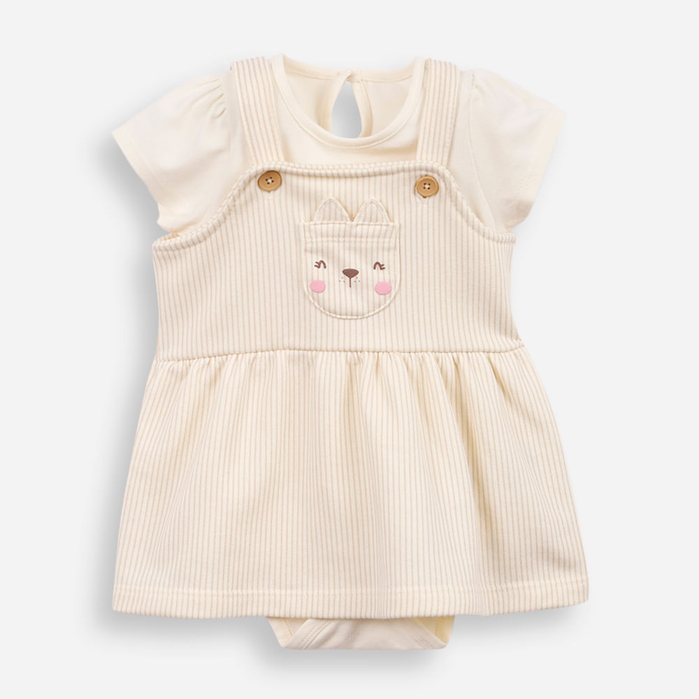 Salopete de algodão infantil com body gatinha bege Salopete de algodão infantil com body gatinha bege