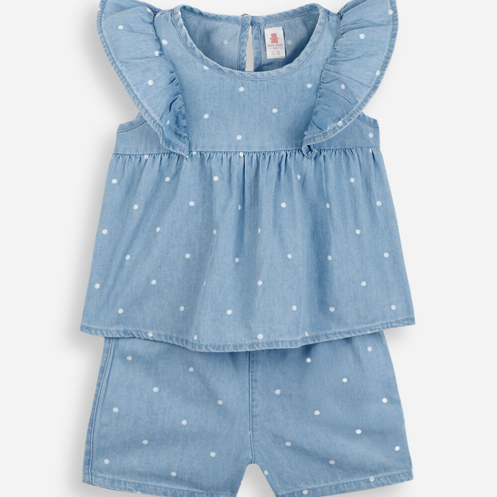 Conjunto curto infantil jeans poá azul Conjunto curto infantil jeans poá azul