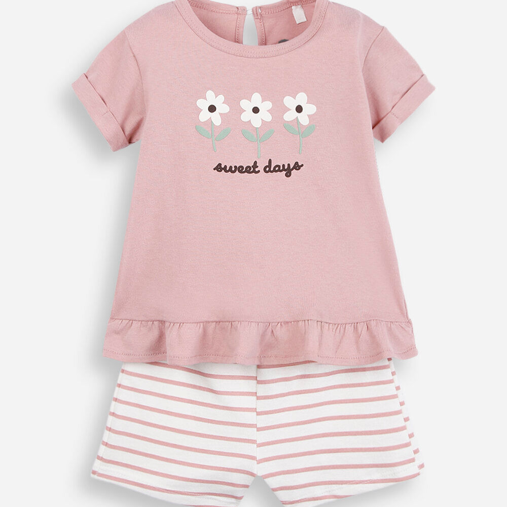 Conjunto curto infantil de algodão listrado rosa Conjunto curto infantil de algodão listrado rosa