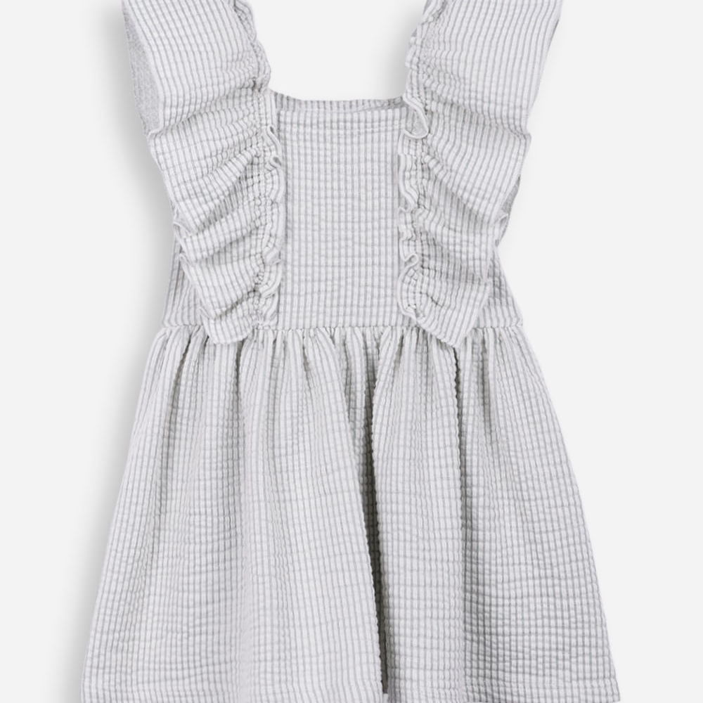 Vestido infantil com algodão listrado texturizado verde Vestido infantil com algodão listrado texturizado verde