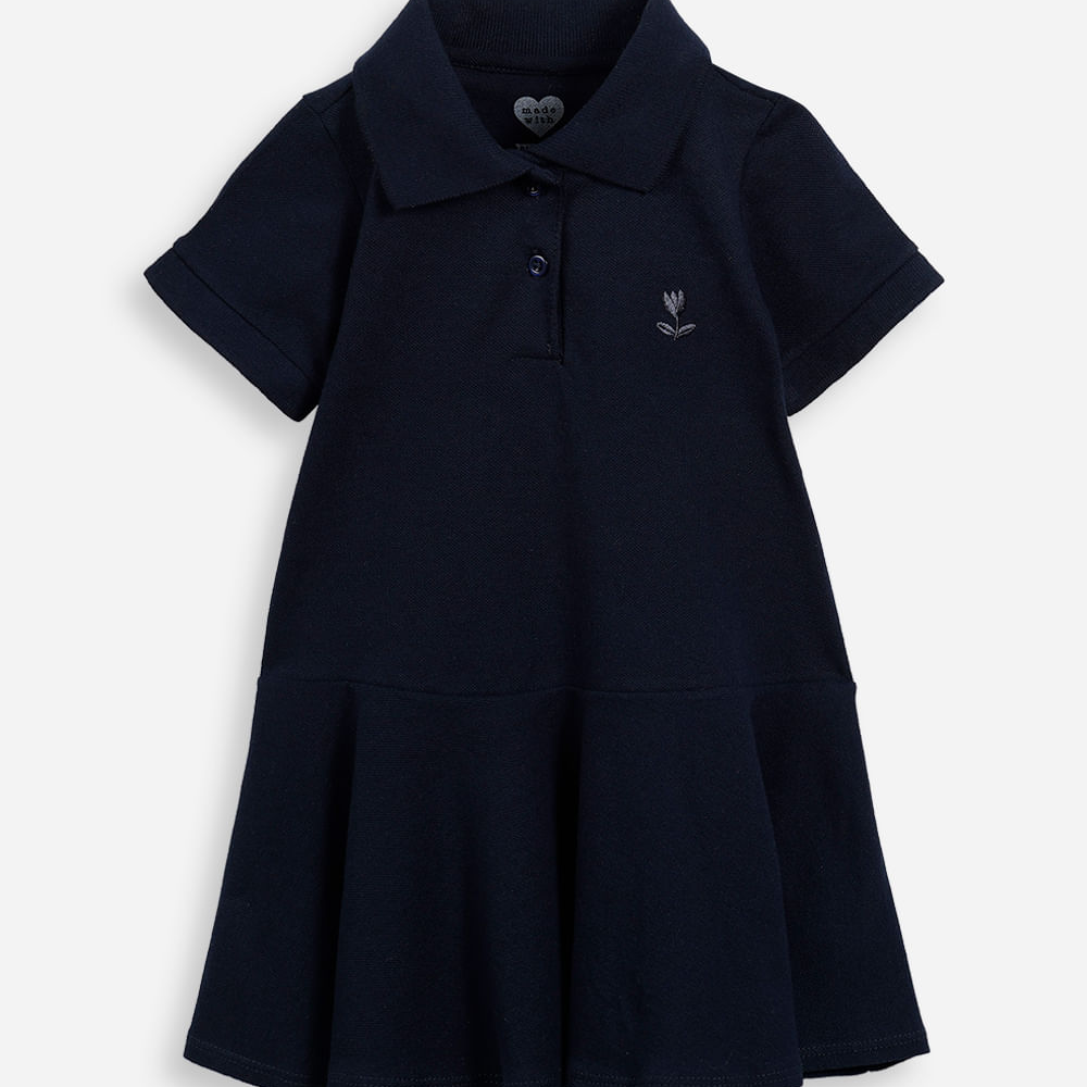 Vestido polo infantil de algodão manga curta azul Vestido polo infantil de algodão manga curta azul