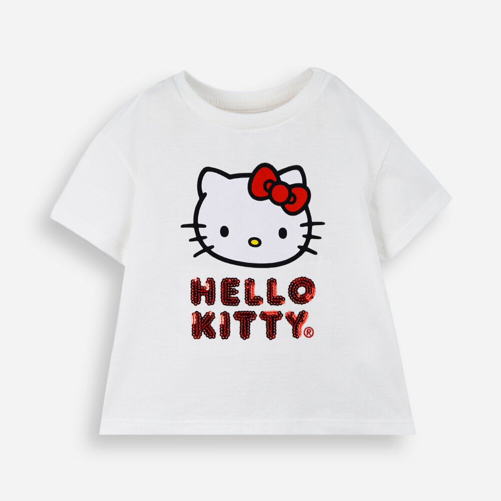 Blusa infantil de algodão com paetês hello kitty off white Blusa infantil de algodão com paetês hello kitty off white