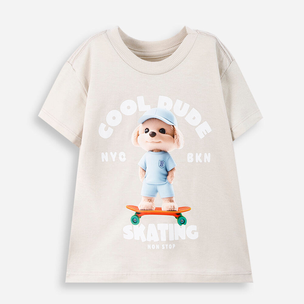 Camiseta infantil de algodão com cachorro estampado bege Camiseta infantil de algodão com cachorro estampado bege