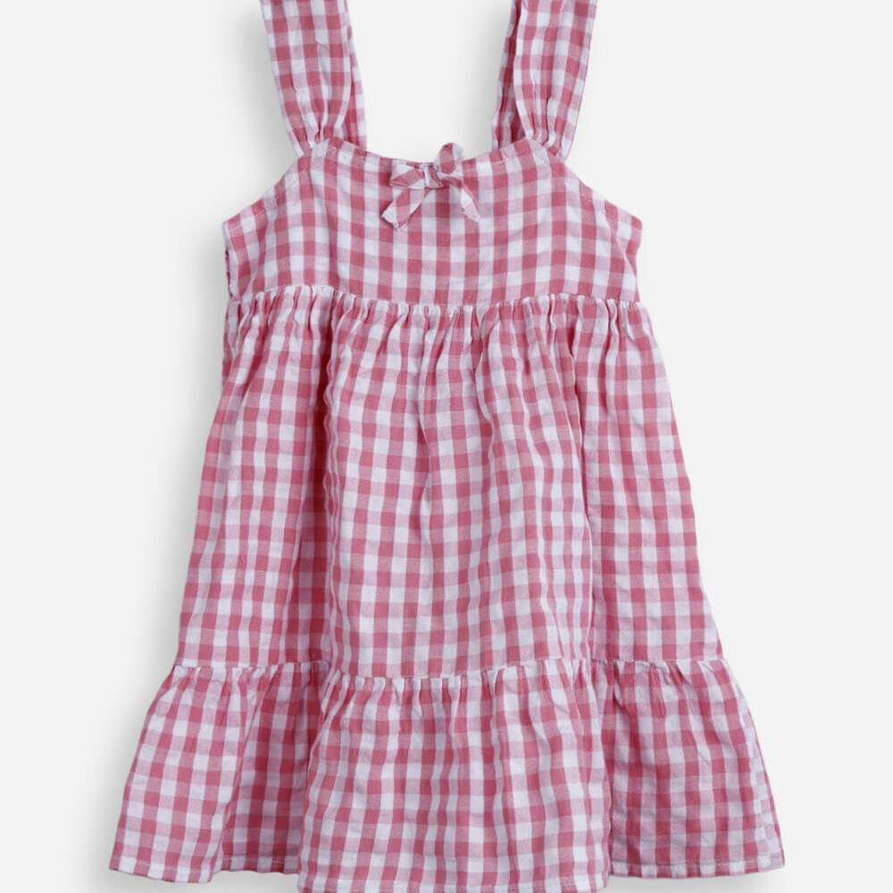 Vestido infantil de algodão com recorte xadrez colorido Vestido infantil de algodão com recorte xadrez colorido