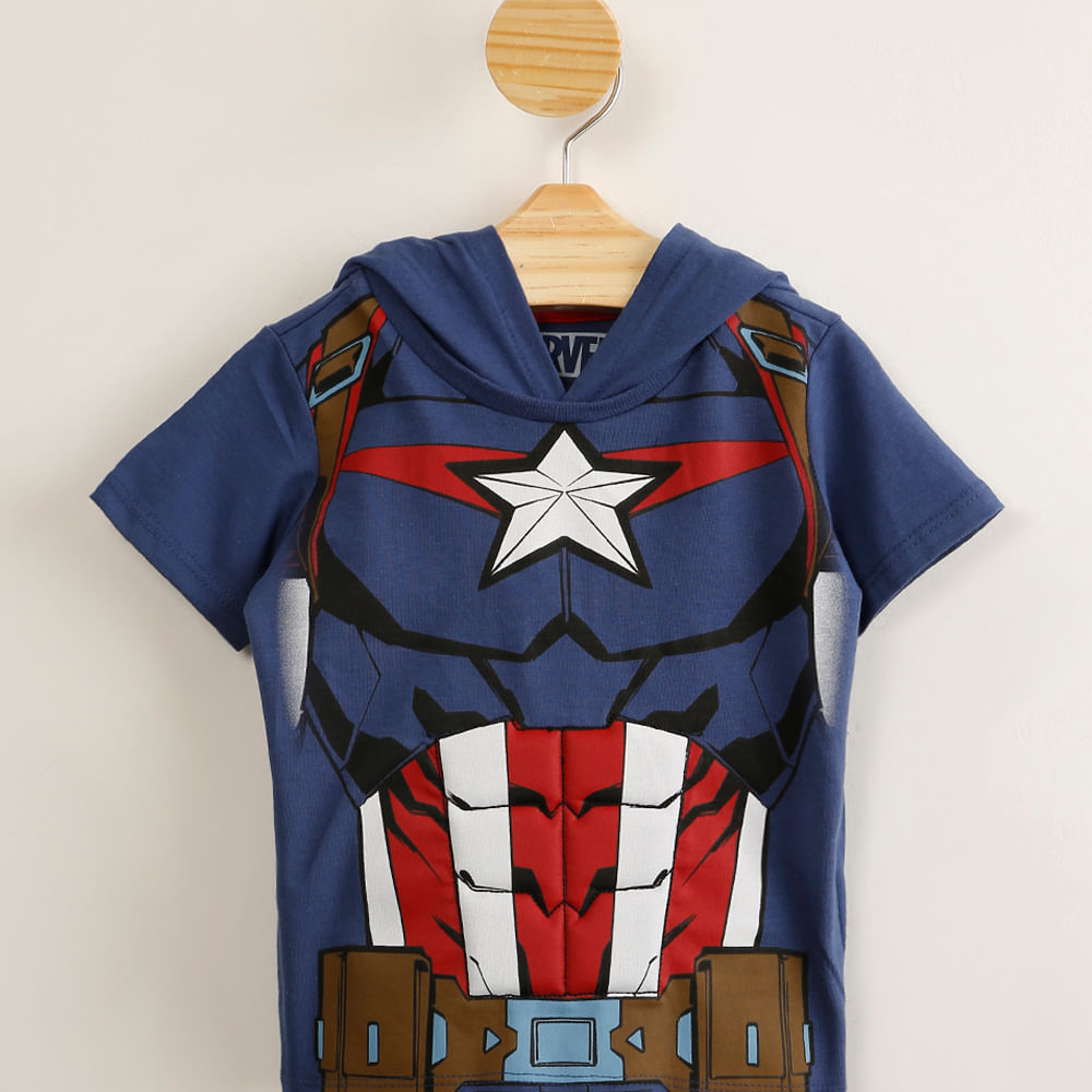 Camiseta infantil de algodão capitão américa com capuz e máscara azul marinho Camiseta infantil de algodão capitão américa com capuz e máscara azul marinho