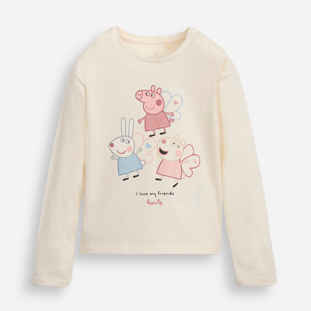 Blusa de algodão infantil manga longa peppa pig e amigos bege Blusa de algodão infantil manga longa peppa pig e amigos bege