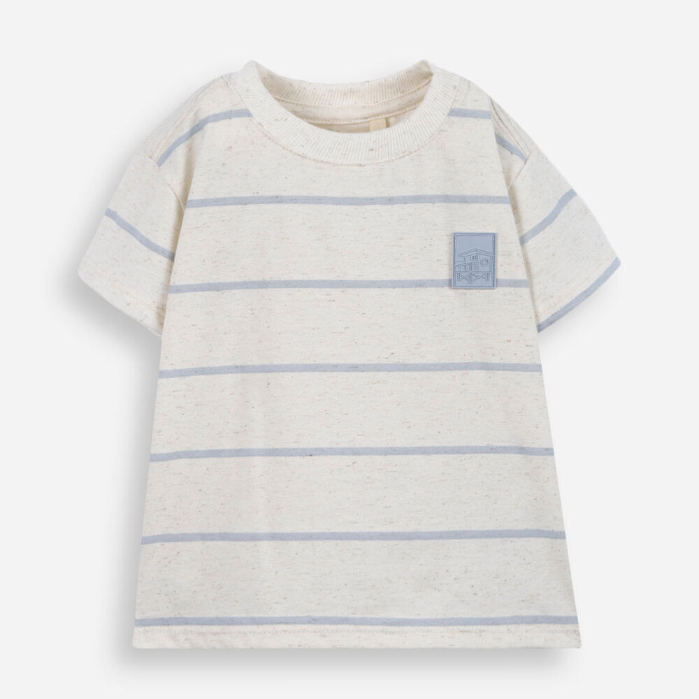 Camiseta infantil com linho listrada bege Camiseta infantil com linho listrada bege