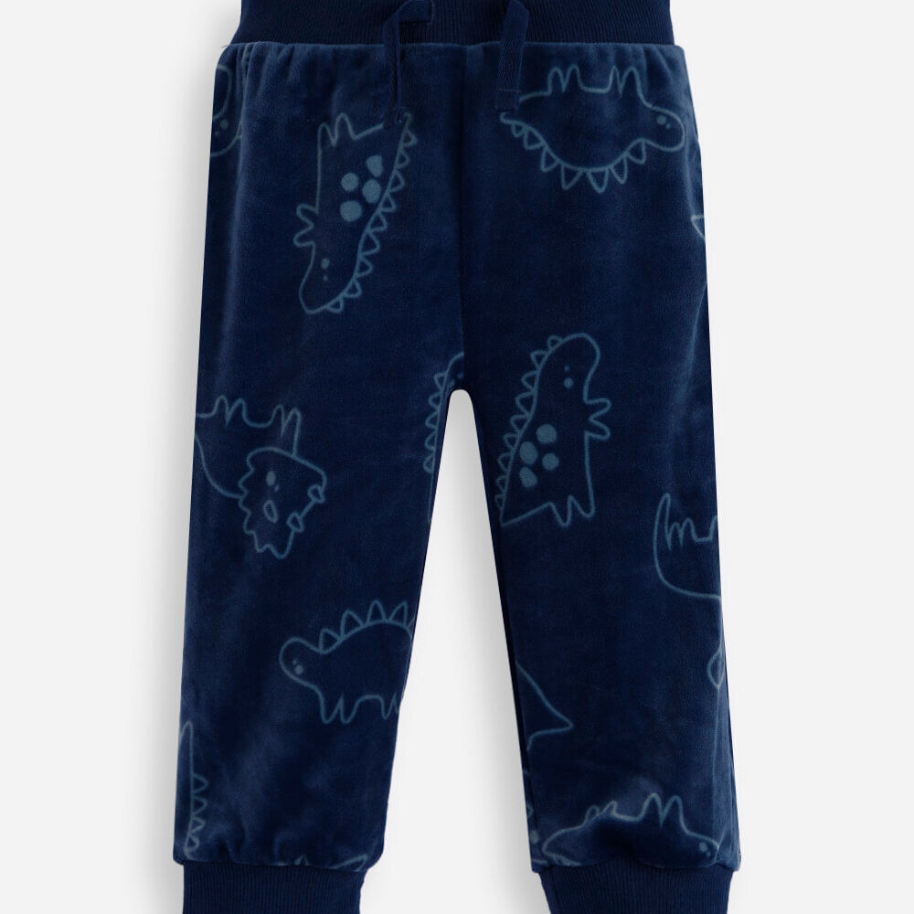 Calça jogger infantil de plush dino cós elástico azul Calça jogger infantil de plush dino cós elástico azul
