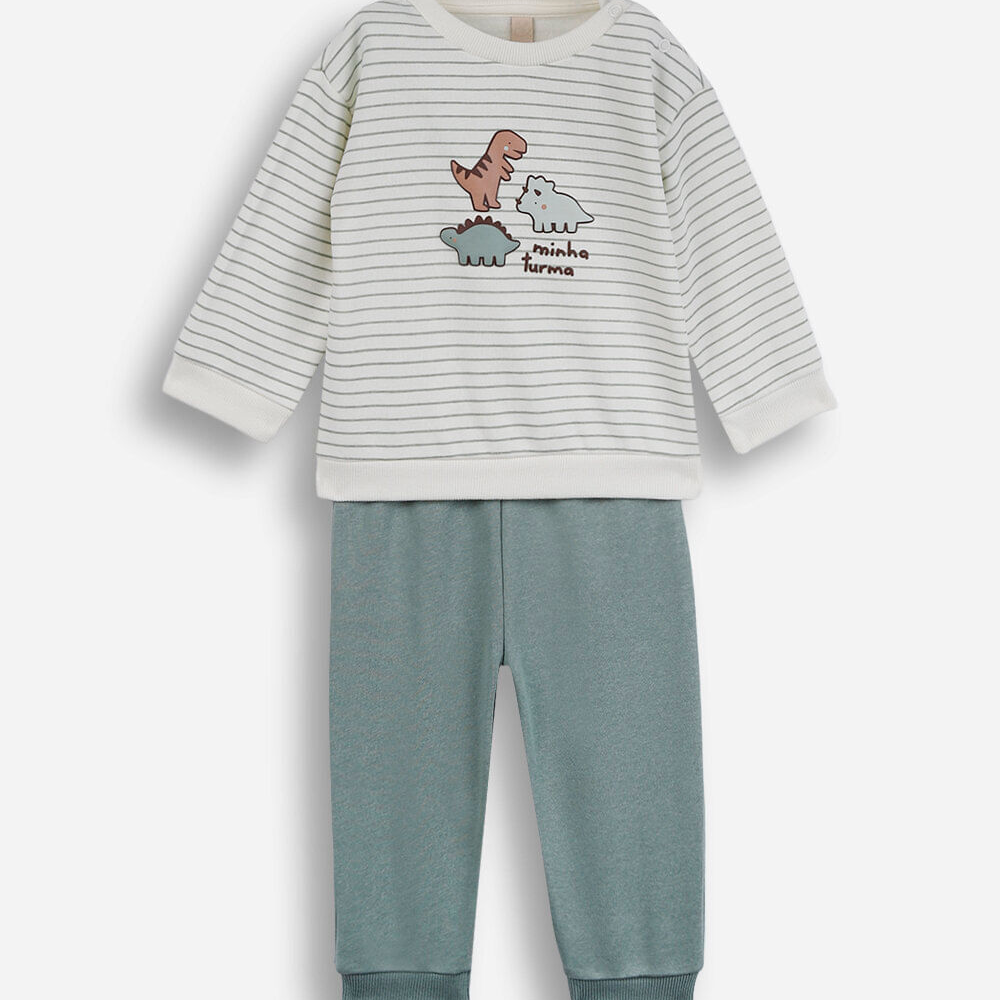 Conjunto longo infantil de moletom dino listrado verde Conjunto longo infantil de moletom dino listrado verde