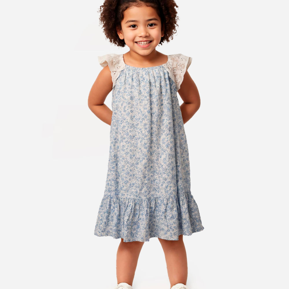 Vestido infantil de algodão floral off white Vestido infantil de algodão floral off white