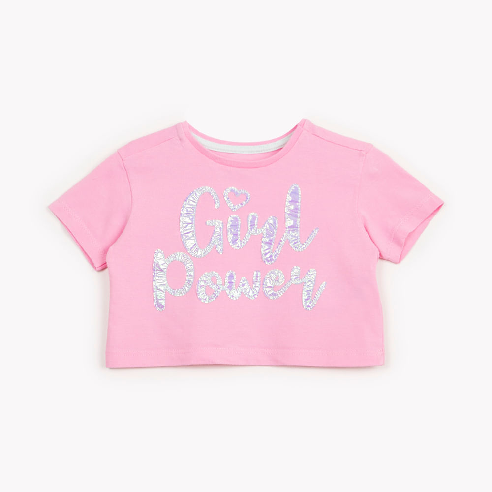 Blusa de algodão infantil girl power manga curta rosa chiclete Blusa de algodão infantil girl power manga curta rosa chiclete