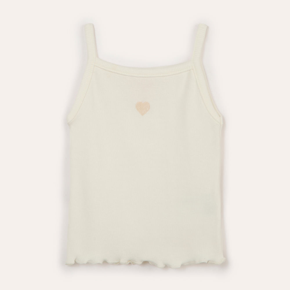 Blusa de algodão infantil alça fina coração off white Blusa de algodão infantil alça fina coração off white