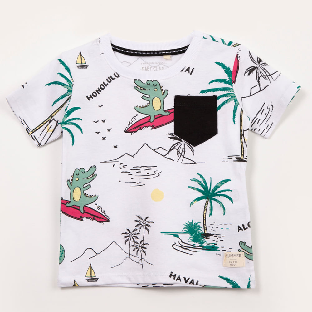 Camiseta infantil manga curta praia com bolso branca Camiseta infantil manga curta praia com bolso branca