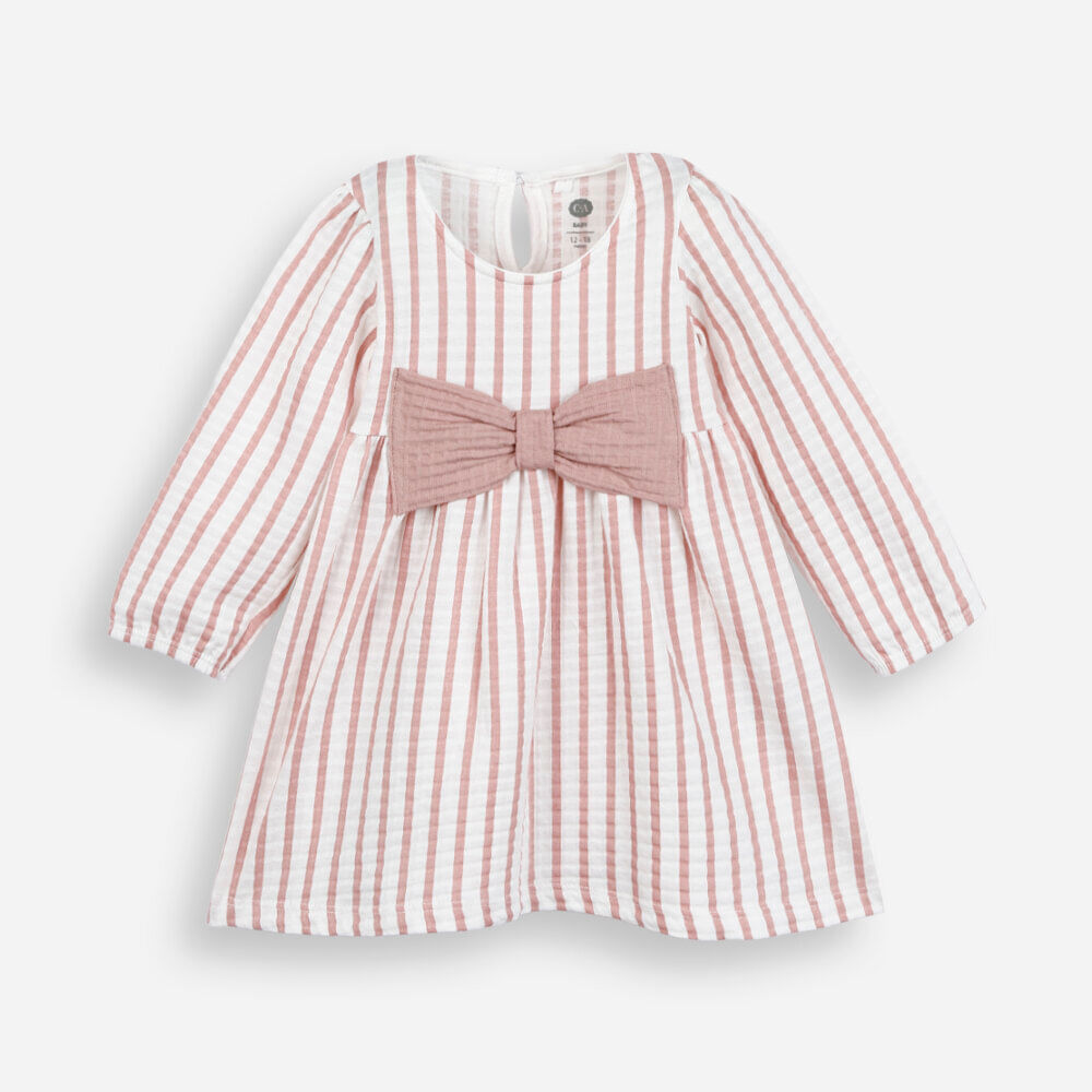 Vestido infantil de laço manga longa listrado rosa Vestido infantil de laço manga longa listrado rosa
