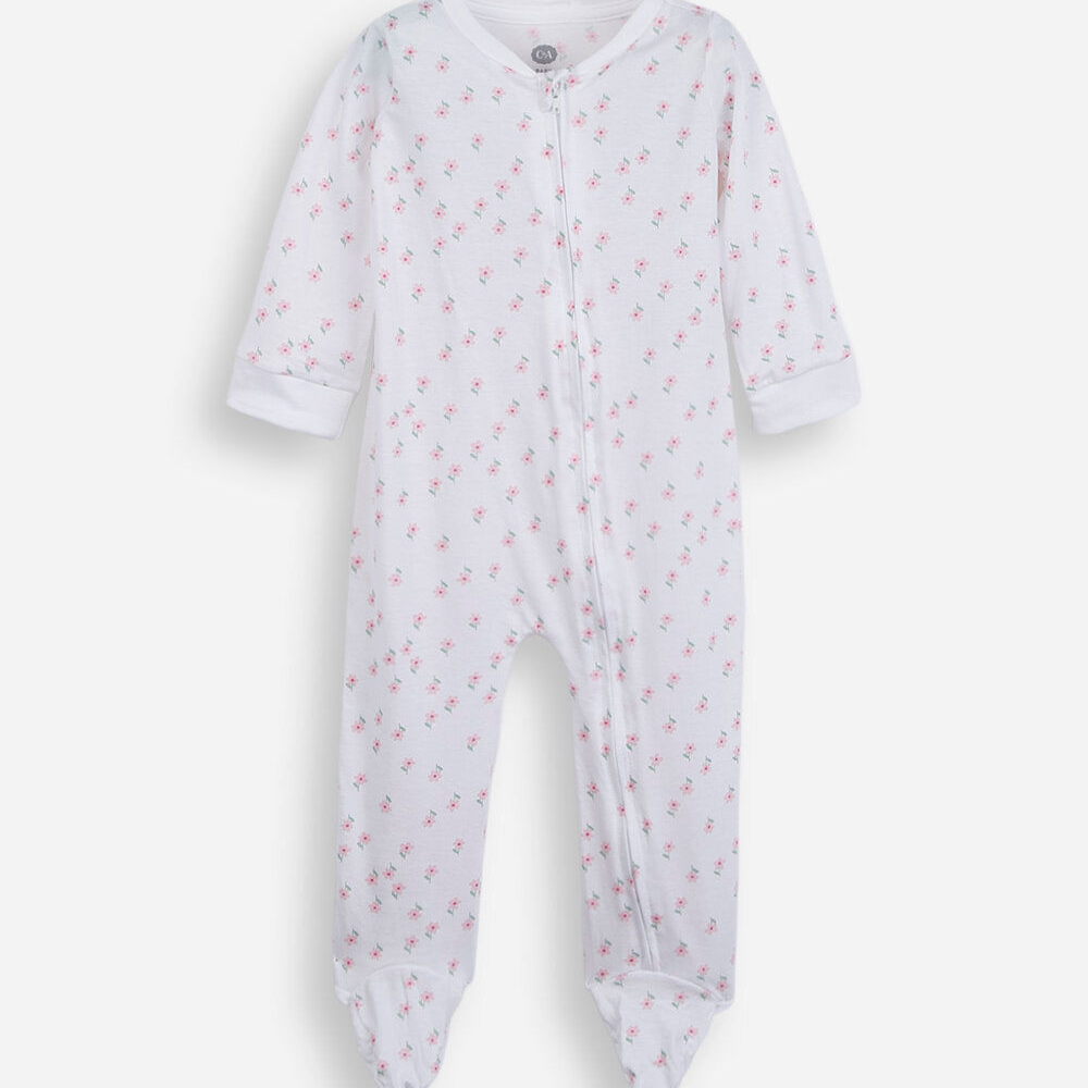 Macacão infantil com pé florzinhas off white Macacão infantil com pé florzinhas off white