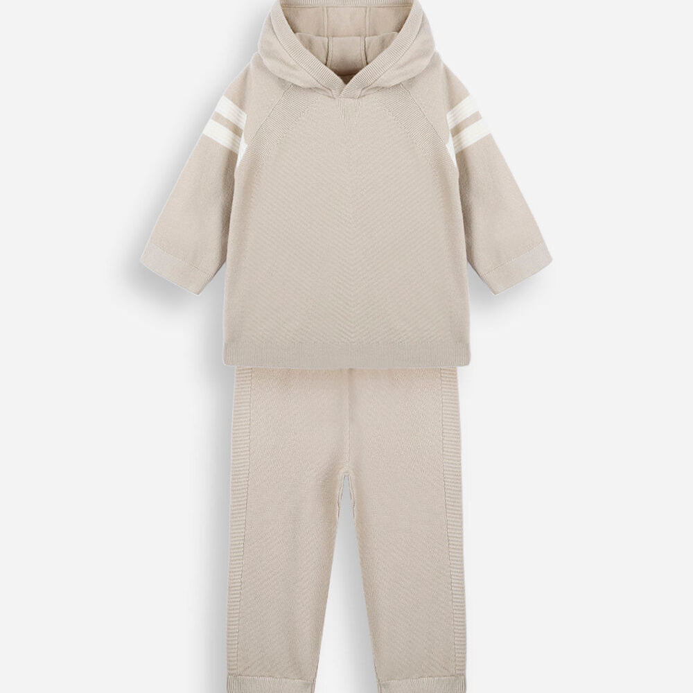 Conjunto infantil de tricot com listras bege Conjunto infantil de tricot com listras bege