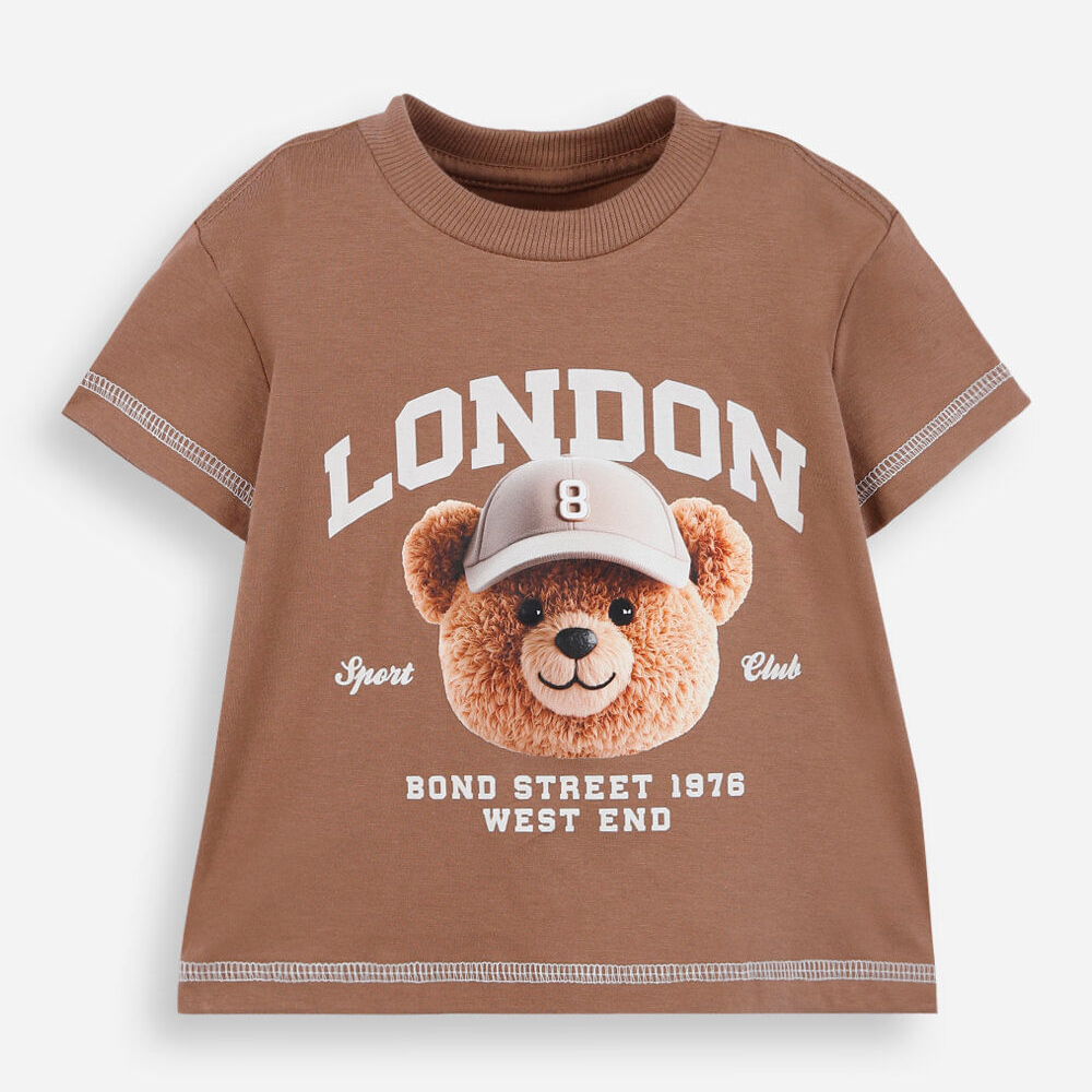 Camiseta infantil london urso de boné bege Camiseta infantil london urso de boné bege