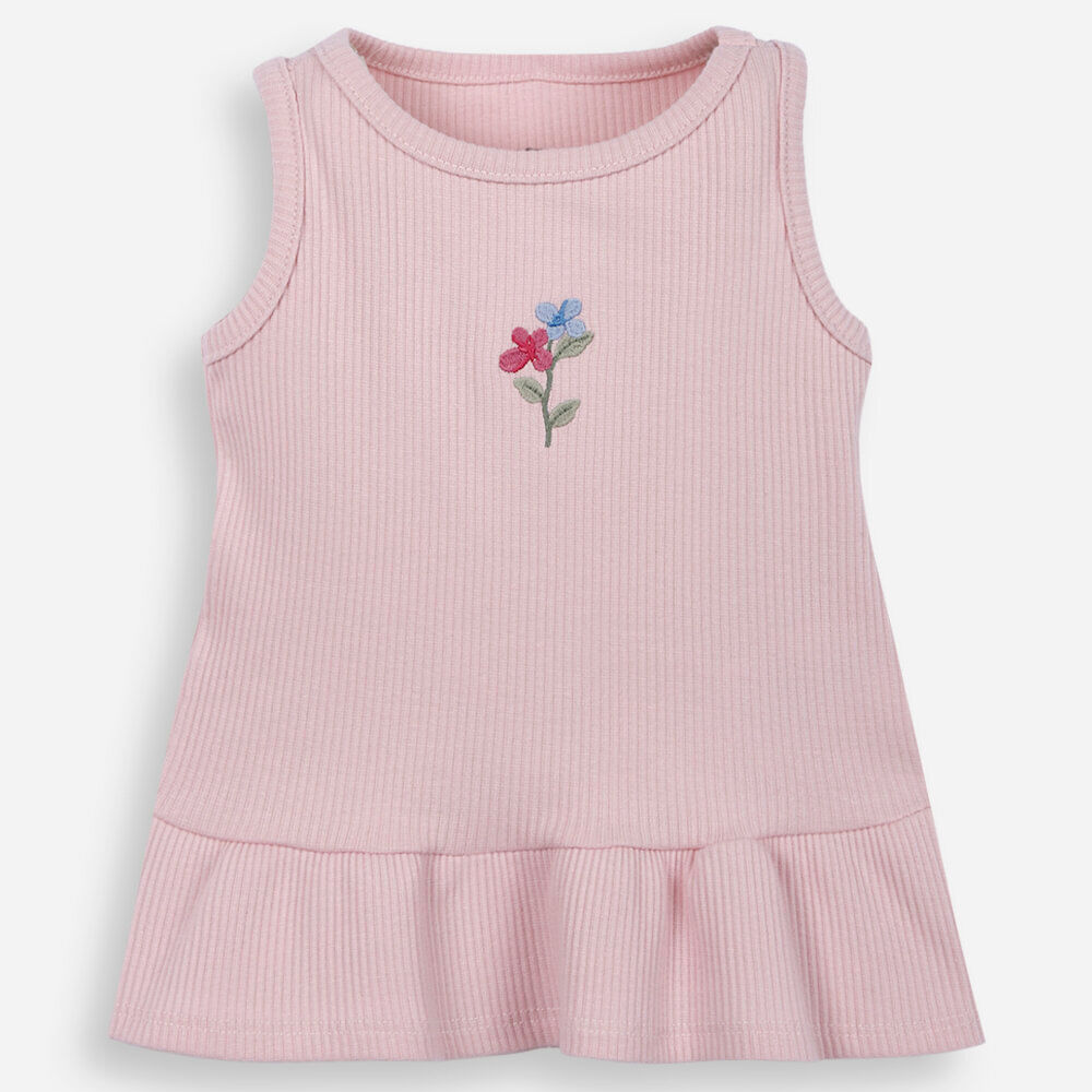 Regata infantil de algodão com babado e bordado canelada rosa Regata infantil de algodão com babado e bordado canelada rosa