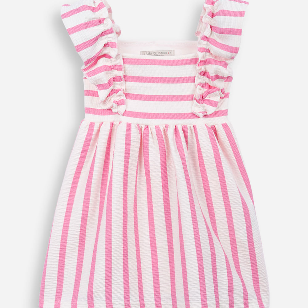 Vestido infantil de algodão listrado texturizado rosa Vestido infantil de algodão listrado texturizado rosa
