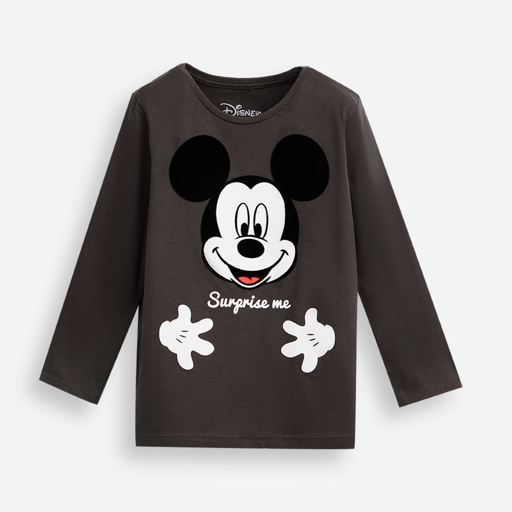 Camiseta infantil de algodão mickey texturizada manga longa cinza Camiseta infantil de algodão mickey texturizada manga longa cinza