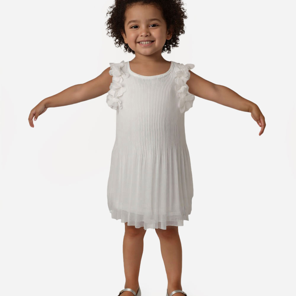 Vestido infantil plissado com flores off white