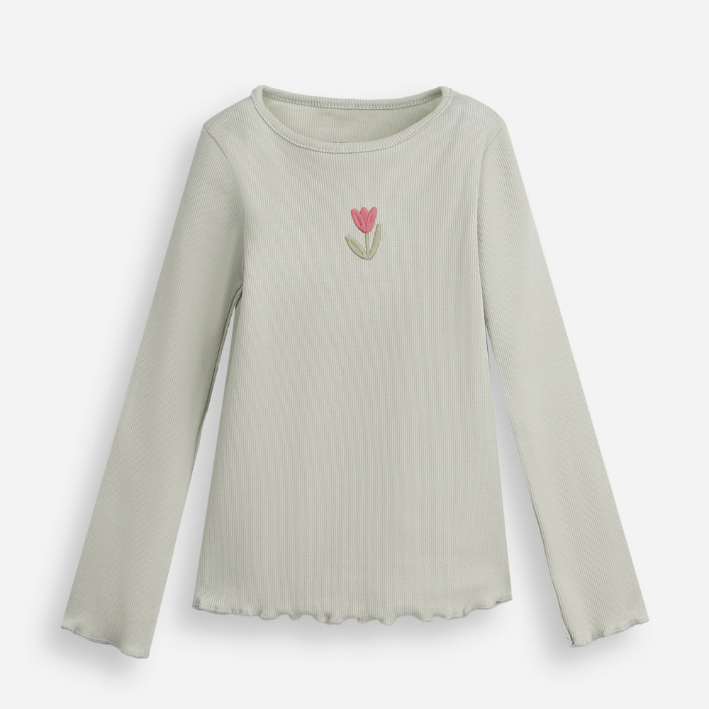 Blusa infantil de algodão manga longa com bordado canelada verde Blusa infantil de algodão manga longa com bordado canelada verde