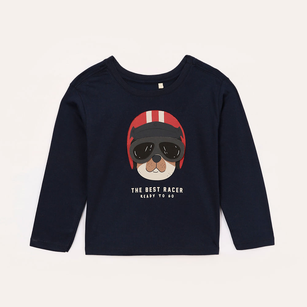 Camiseta de algodão infantil cachorro azul marinho