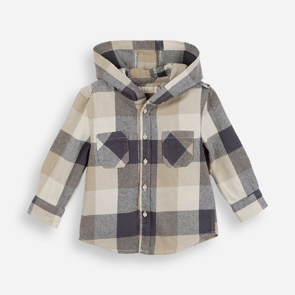 Camisa infantil xadrez com capuz bege