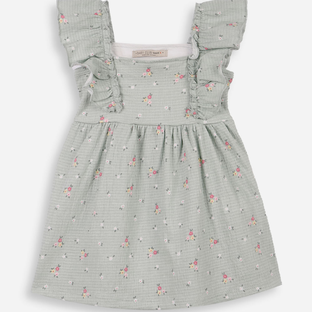 Vestido infantil texturizado floral verde Vestido infantil texturizado floral verde