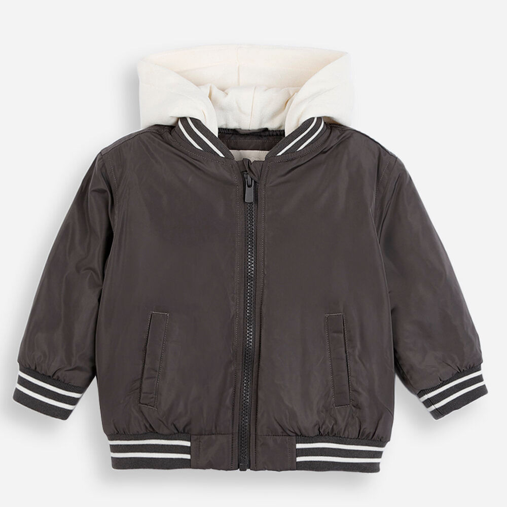 Jaqueta bomber infantil com capuz cinza Jaqueta bomber infantil com capuz cinza
