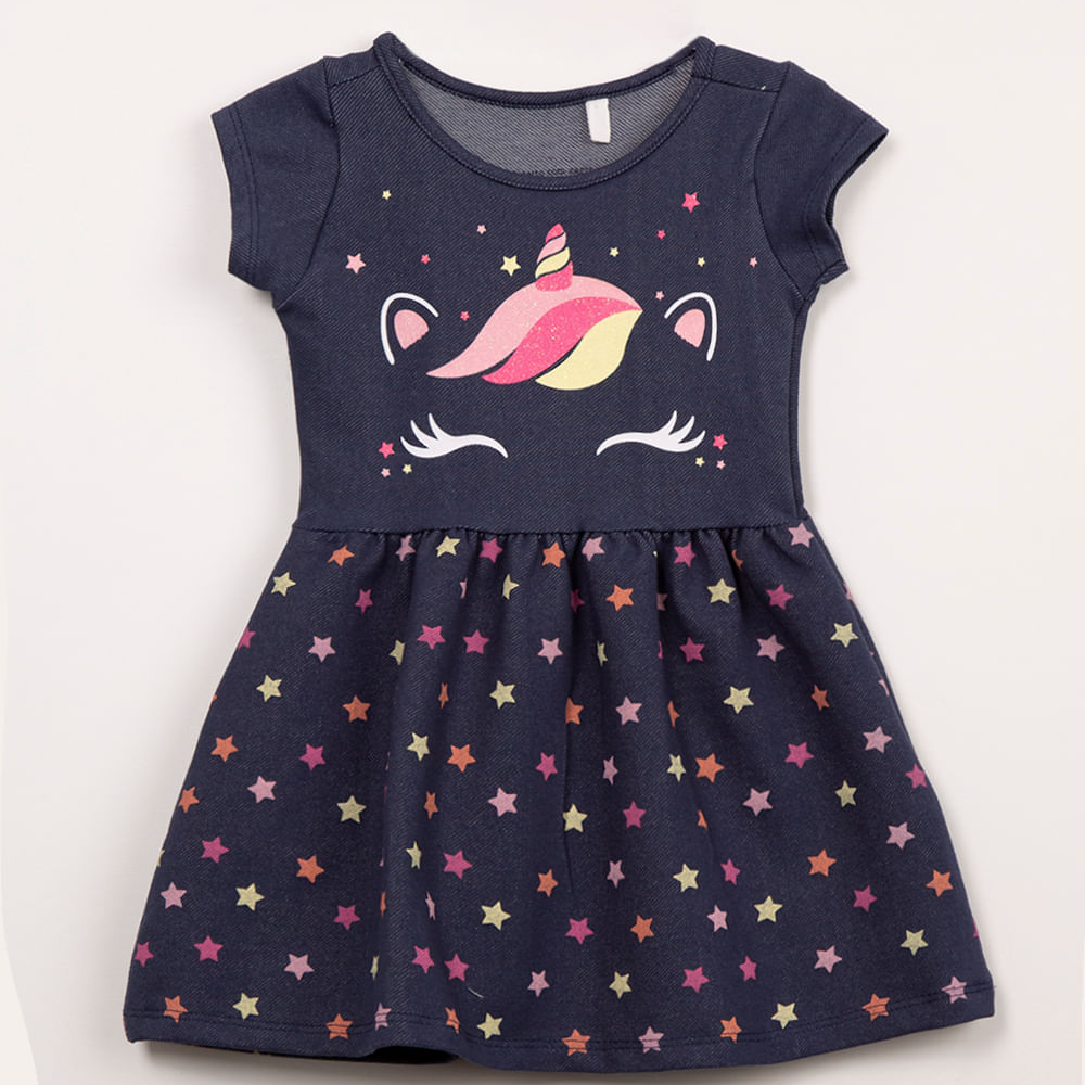 Vestido infantil jeans unicórnio azul escuro Vestido infantil jeans unicórnio azul escuro