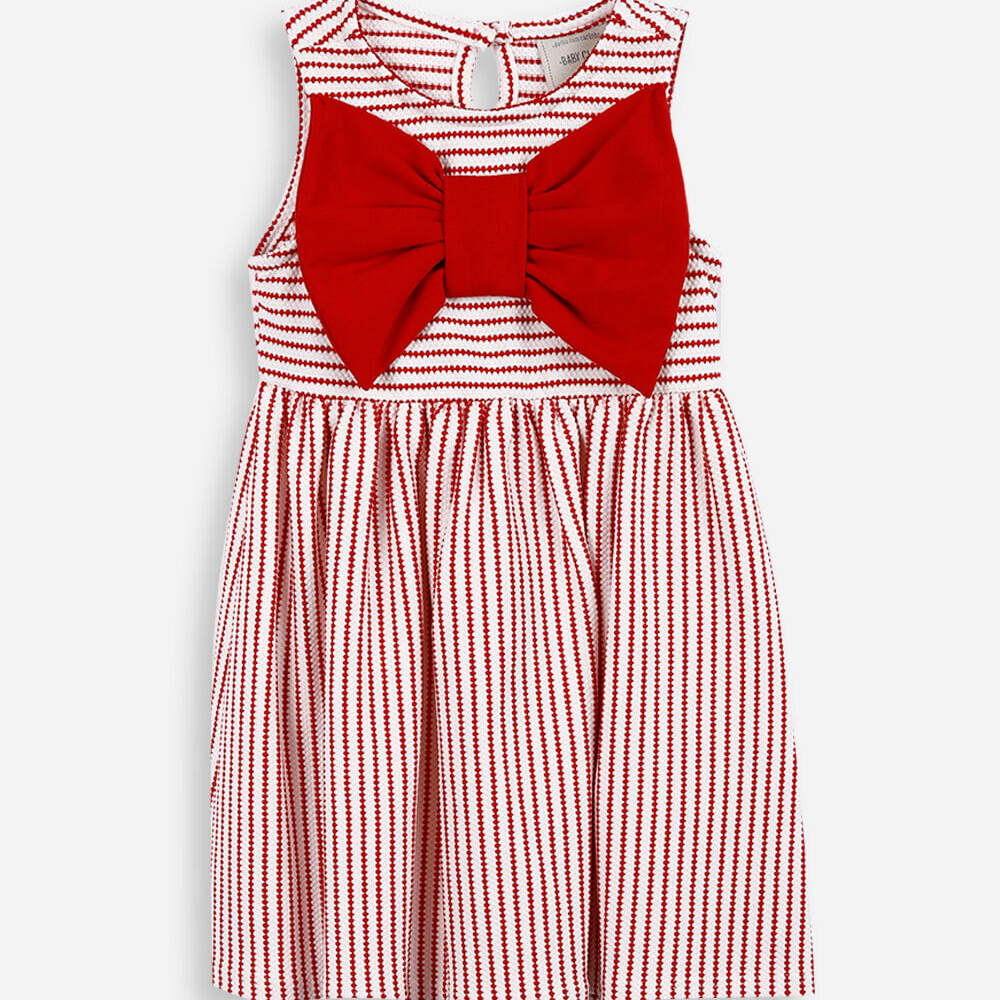 Vestido infantil com laço listrado texturizado vermelho Vestido infantil com laço listrado texturizado vermelho